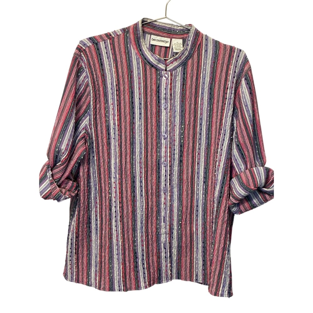 Vintage Breckenridge Striped Mandarin Collar Blouse Pink Purple XL Cotton Blend